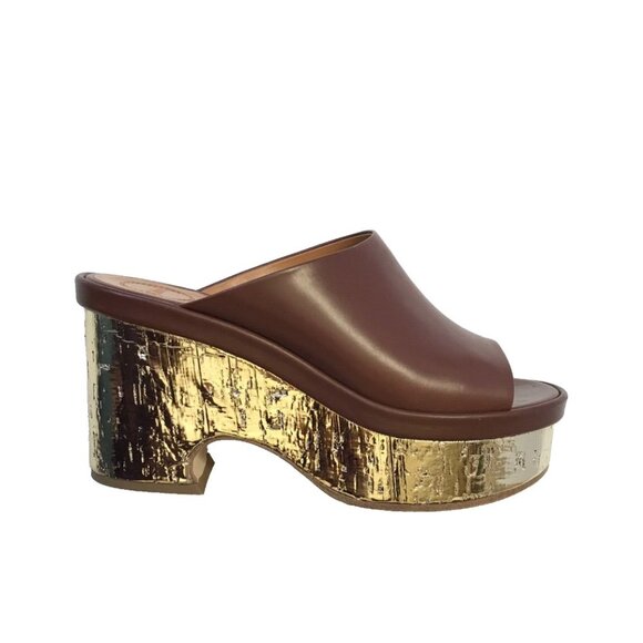 Chloe Oil Leather Cork Mule Platform Sandals Womens 41 Brown Gold Leather Slides - Picture 12 of 12